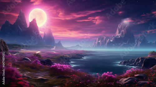 amazing lake view  surrealistic illustration in purple