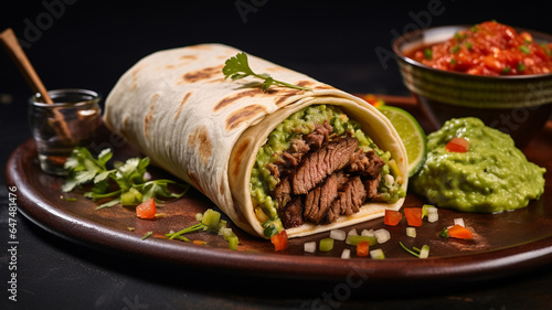 Grilled beef burrito with fresh guacamole and salad