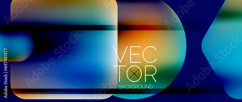 Dynamic bright colorful geometric elements with fluid gradients, lights, shadows blend in a minimal backdrop, creating captivating composition