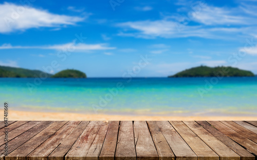 Wooden board empty table background beach sky