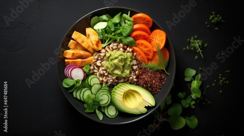 Red quinoa bowl with avocado, radishes, scallions, cherry tomatoes, chives and fresh basil. Top view. Copy space.