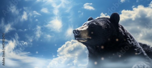Black bear with blue sky background. Generative AI technology. 