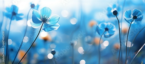 Blooming blue flower at field. Generative AI technology.