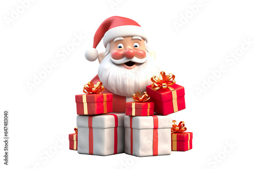 3D cartoon Santa and gifts isolated white background PNG