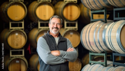 Smiling mature man posing in front of barrels of wine inside a local winery