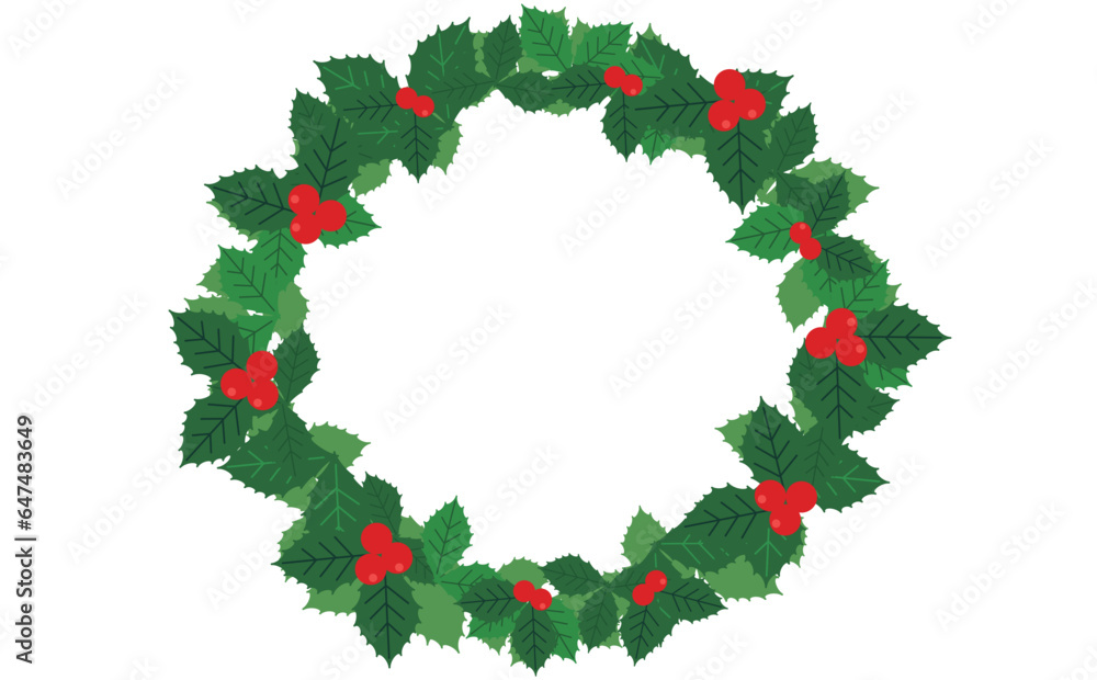 ひいらぎの葉っぱでできたクリスマスリース飾りのベクターイラスト ひいらぎの葉っぱでできたクリスマスリース飾りのベクターイラスト