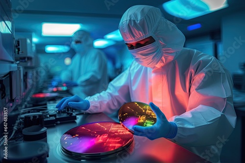 Asian male technician inspects colorful wafer in sterile coverall at semiconductor plant. Photo generative AI photo