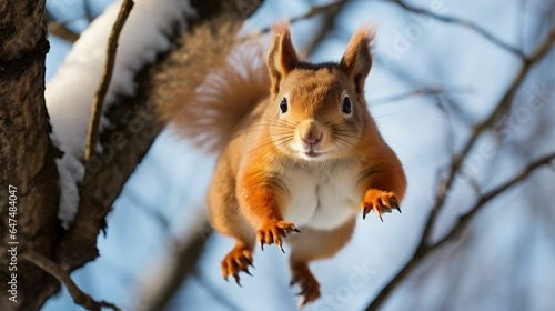Agile squirrel mid-leap between tree branches  © Halim Karya Art
