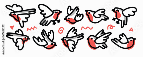 cute robin bird outline quirky cartoon logo vector icon illustration bundle set