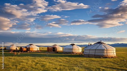 A group of Mongolian yurts on the steppes of Mongolia.  photo
