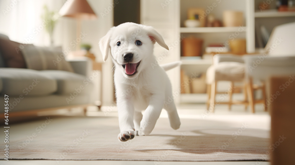 走る白いレトリーバーの子犬 走る白いレトリーバーの子犬