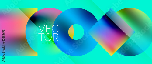 Squares and circles design. Fluid color gradients with metallic effects. Serene synergy of shapes, merging squares and circles into harmonious, captivating design