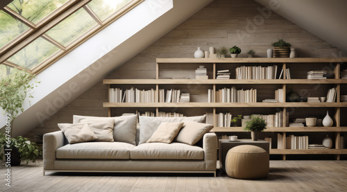 Corner sofa against shelving unit, Scandinavian home interior design of modern living room in attic in farmhouse - generative ai