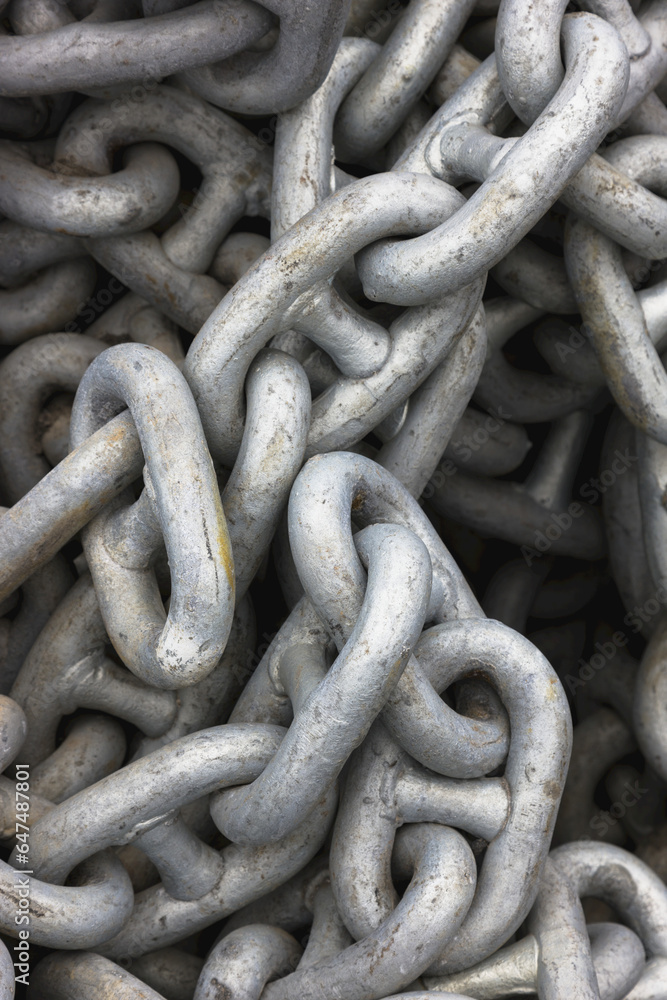 Close Up Of Steel Chain Links In A Pile, St. Paul Harbor, St. Paul Island, Southwestern Alaska, USA, Summer Close Up Of Steel Chain Links In A Pile, St. Paul Harbor, St. Paul Island, Southwestern Alaska, USA, Summer