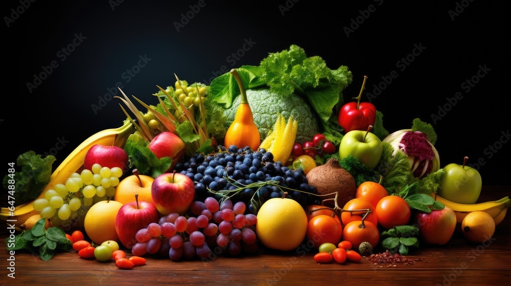 Studio shot of various fruits and vegetables isolated on black background. Top view. High resolution products Studio shot of various fruits and vegetables isolated on black background. Top view. High resolution products