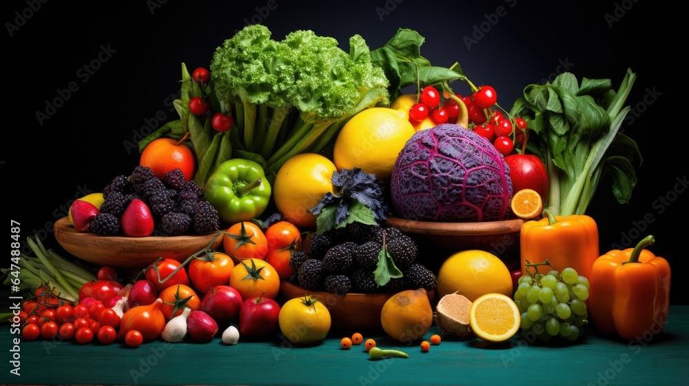 Studio shot of various fruits and vegetables isolated on black background. Top view. High resolution products Studio shot of various fruits and vegetables isolated on black background. Top view. High resolution products