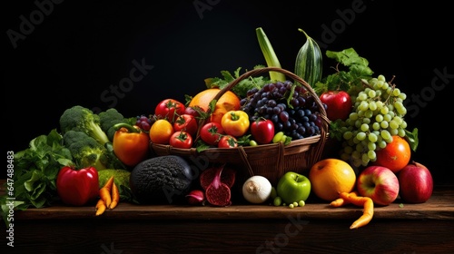 Studio shot of various fruits and vegetables isolated on black background. Top view. High resolution products