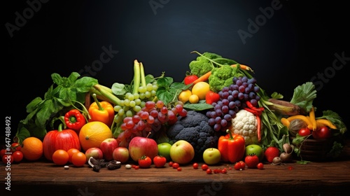 Studio shot of various fruits and vegetables isolated on black background. Top view. High resolution products