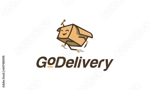 food box logo mascot character style, running while holding spoon and fork.