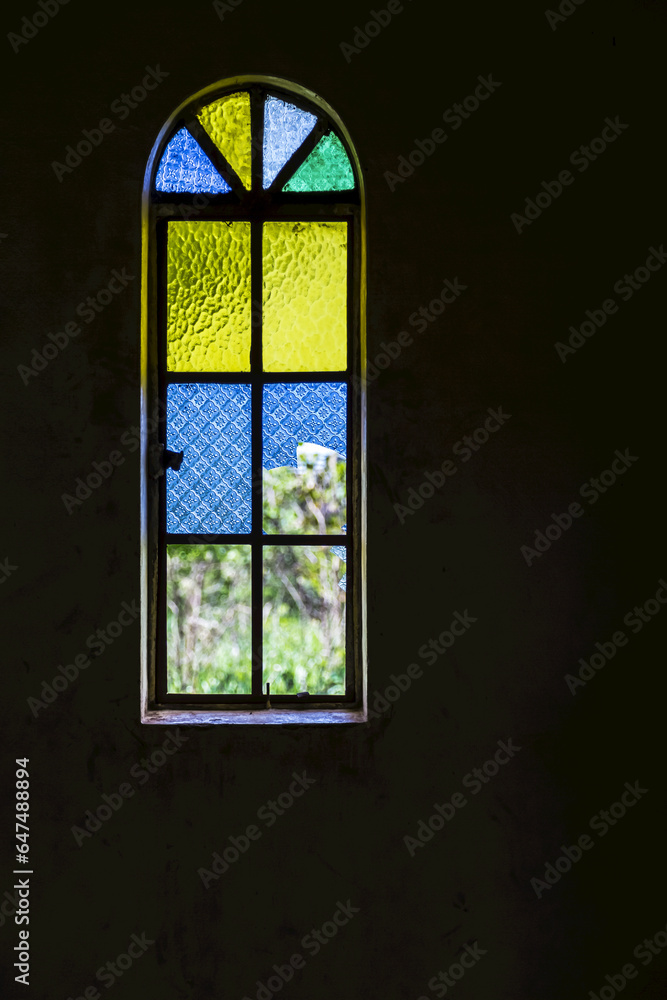 Blue, Yellow And Green Stained Glass Window; Gulu, Uganda Blue, Yellow And Green Stained Glass Window; Gulu, Uganda
