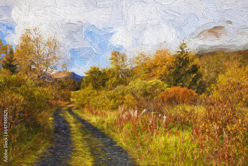 Autumn Scenic Oil Painting Along Chiniak Highway; Kodiak, Alaska, United States Of America photo