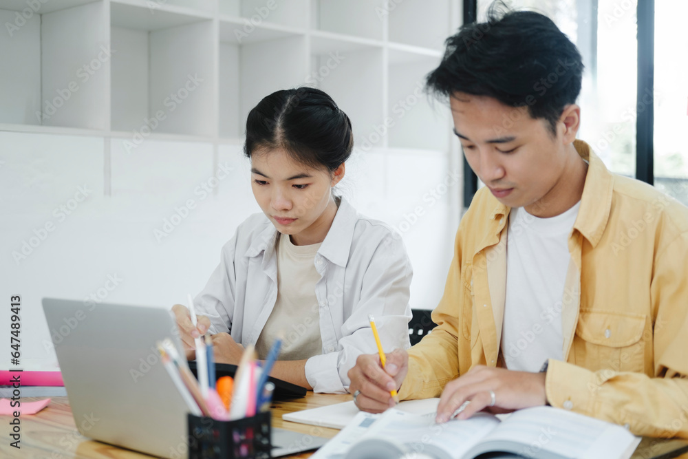 Young students campus helps friend catching up and learning. Young students campus helps friend catching up and learning.