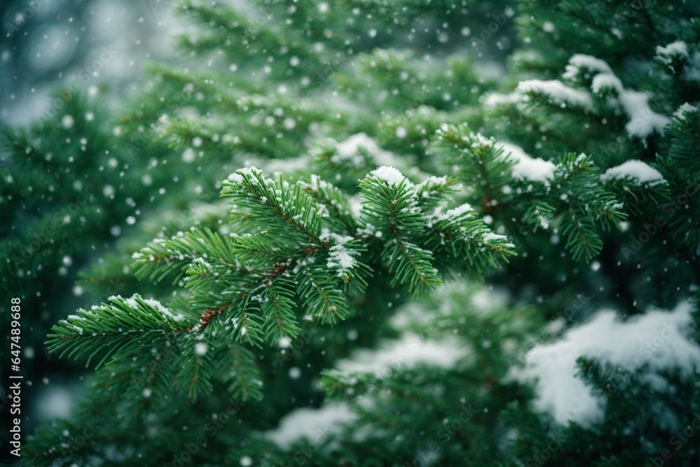 Christmas tree branches covered with snow. Winter background with snowflakes