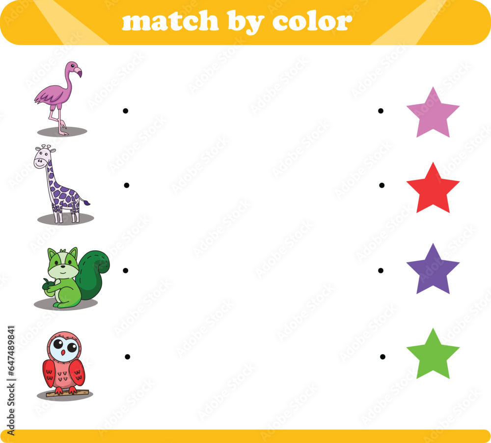 Fototapeta premium Color matching logic game with cute animal drawings flamingo giraffe squirrel owl