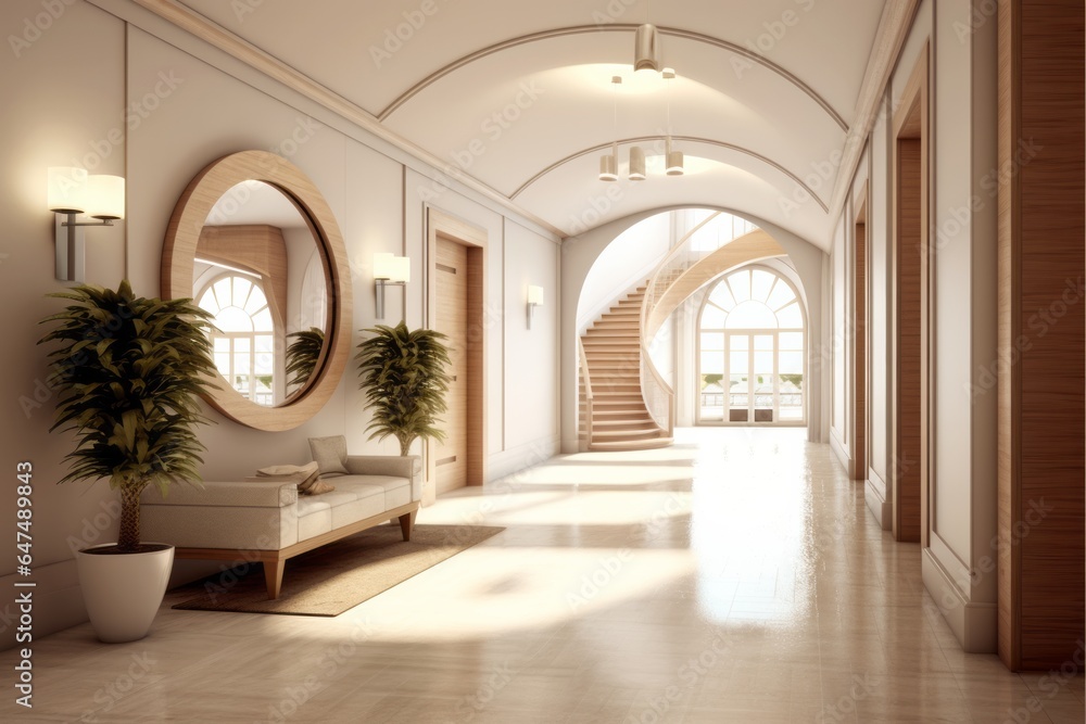White Hallway Leading into Cozy Living Room with Modern Decor, Copy Space White Hallway Leading into Cozy Living Room with Modern Decor, Copy Space