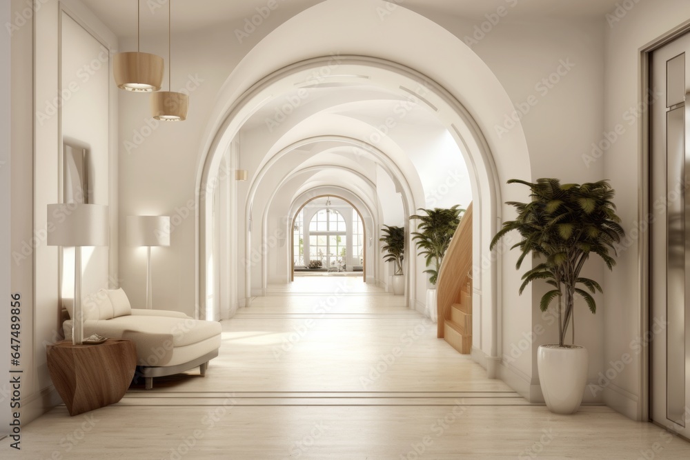 White Hallway Leading into Cozy Living Room with Modern Decor, Copy Space