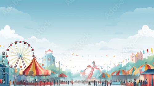 A colorful carnival or funfair scene with rides and happy people