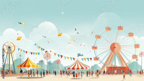 A colorful carnival or funfair scene with rides and happy people