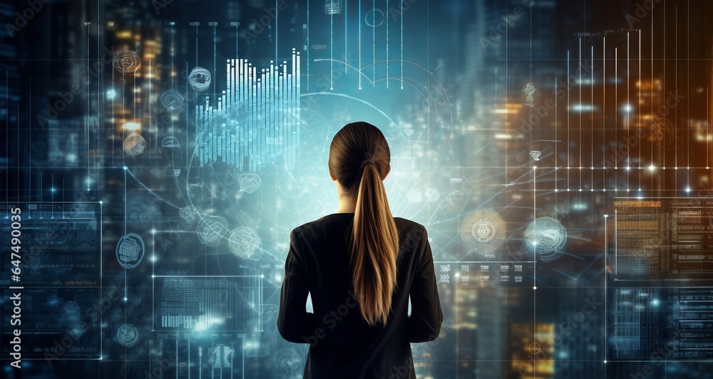 Young Woman Analyzing Data with Intense Focus Young Woman Analyzing Data with Intense Focus