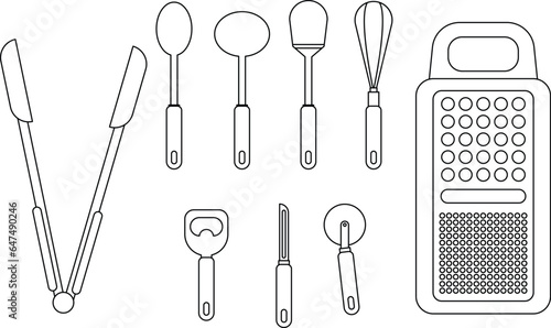 kitchen hand tools set line art illustration