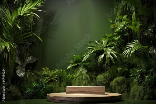 Wood pedestal in tropical forest for product presentation and green wall  Generative AI 