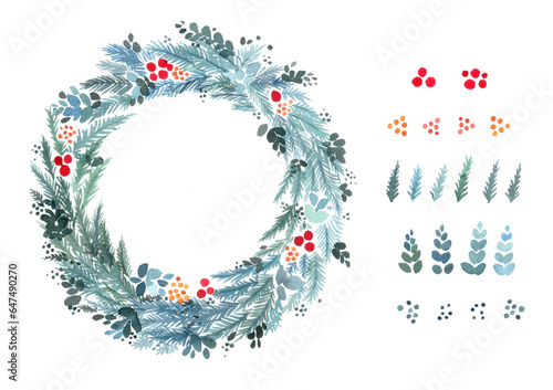 落ち着いた色彩の水彩で描かれたクリスマス・リース