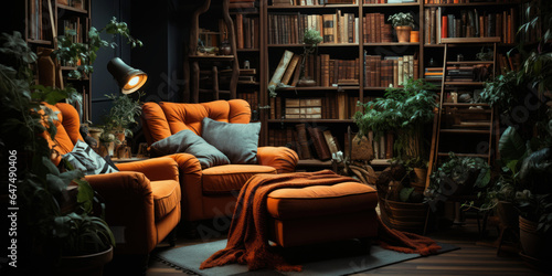 sofa with books in the background