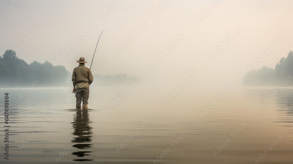 fisherman , angler at dawn to fish in the river