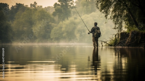 fisherman , angler at dawn to fish in the river