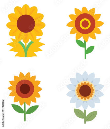 Set of vector illustrator yellow sunflower, flower cartoon icon, flat 2d nature icon.