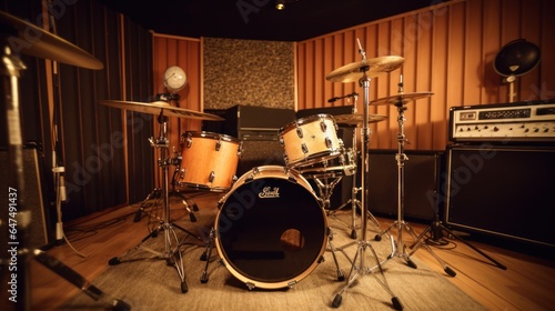 drums set and amplifiers in a music studio