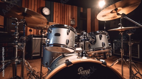 drums set and amplifiers in a music studio