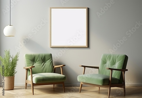 Mock up poster frame in modern interior background with green armchair and accessories in the room, Generative AI 