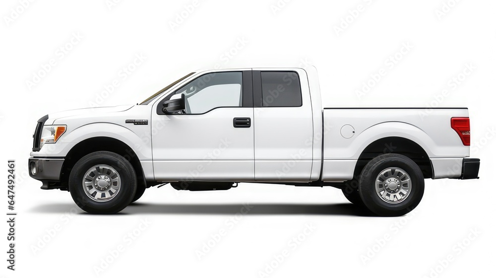 side view of white pick up truck on white background great for mockup and concepts.  generative AI - obrazy, fototapety, plakaty 