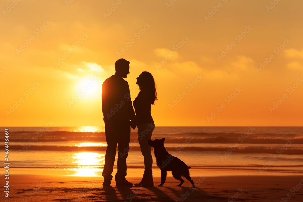 Couple and their dog at sunset at the beach