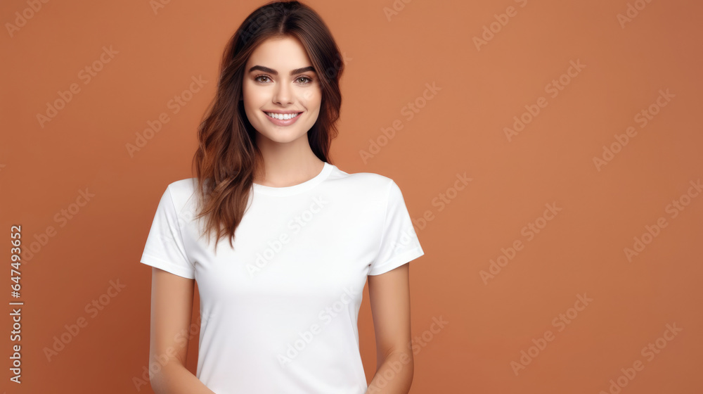Smile Young Woman fit in Frame wearing bella canvas white shirt mockup, isolated color background Smile Young Woman fit in Frame wearing bella canvas white shirt mockup, isolated color background