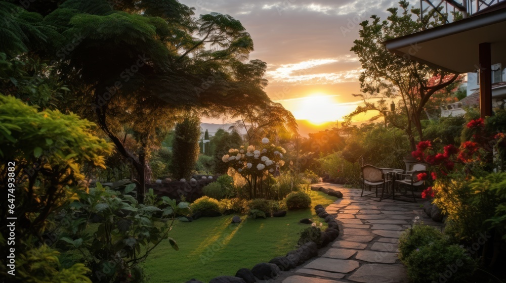 Garden with sunset view