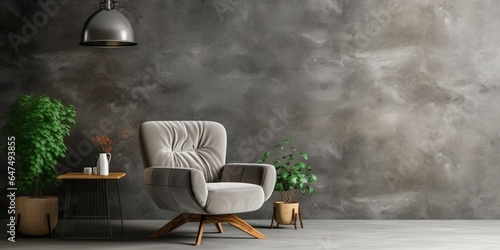 Style loft interior with gray armchair on dark cement wall, Generative AI 