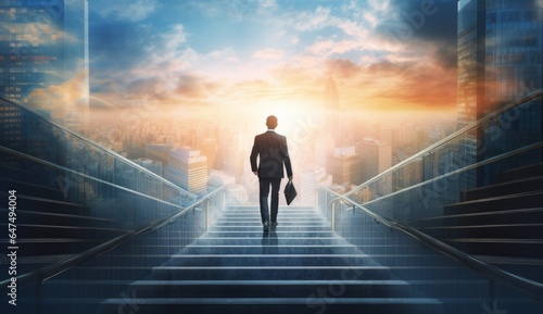 Businessman Climbing Staircase Towards a Bright Future