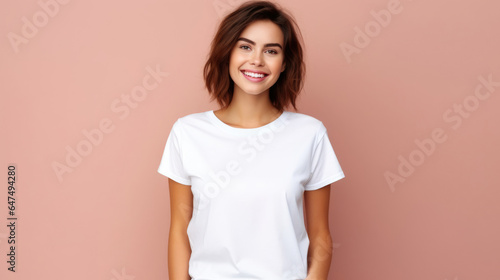 Smile Young Woman fit in Frame wearing bella canvas white shirt mockup,  isolated color background © basketman23